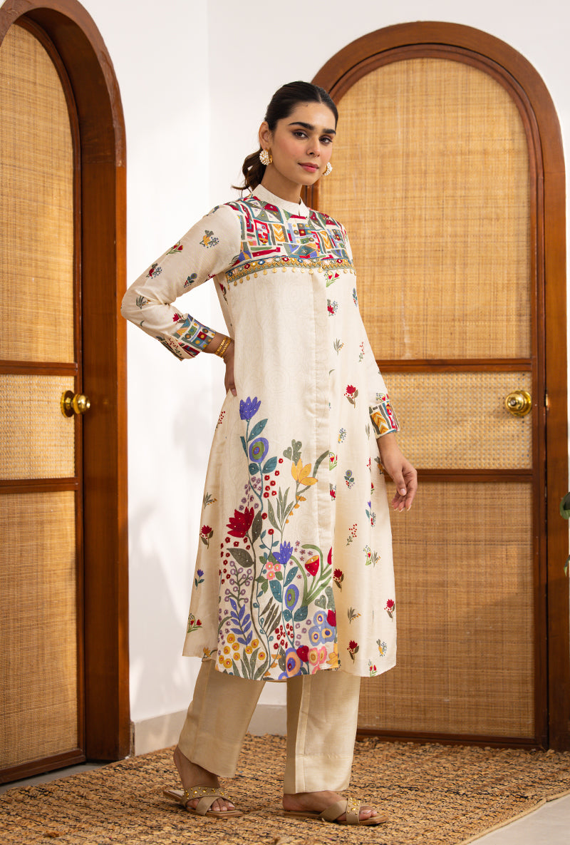 Ivory Printed High Collar Naina Co-ord Set