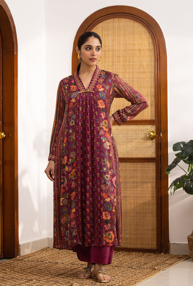 Wine Printed V Neck Naina Kurta Set