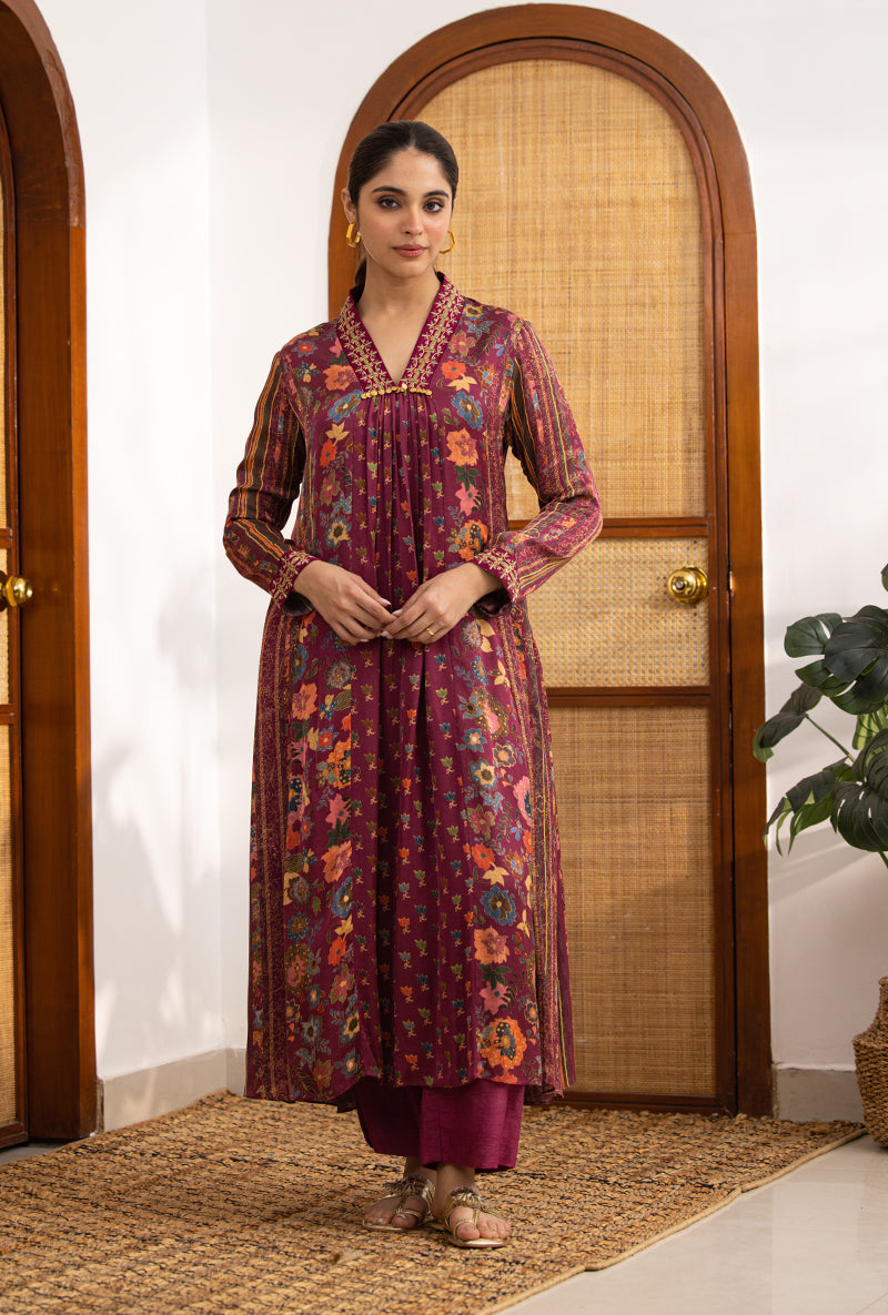 Wine Printed V Neck Naina Kurta Set