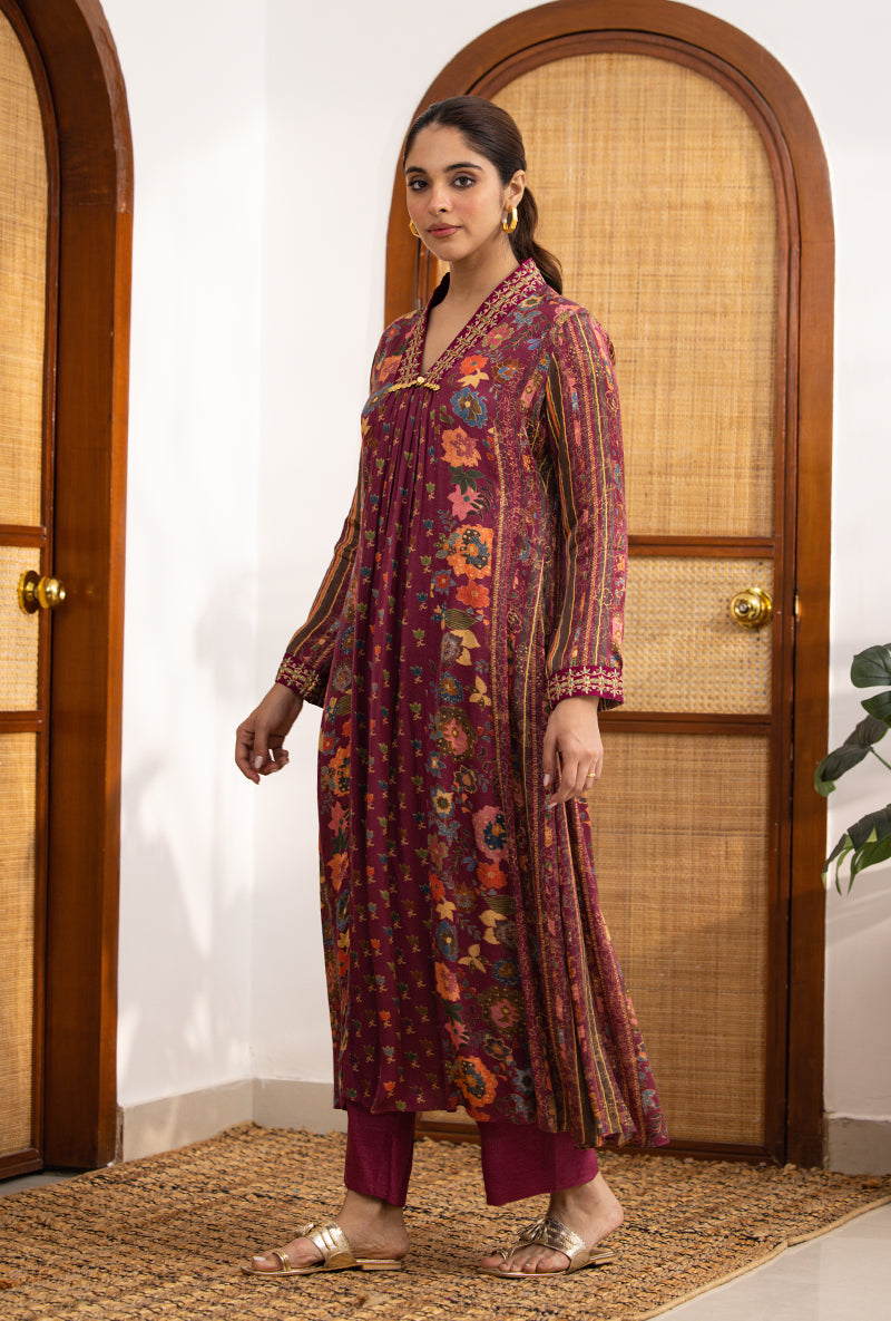 Wine Printed V Neck Naina Kurta Set