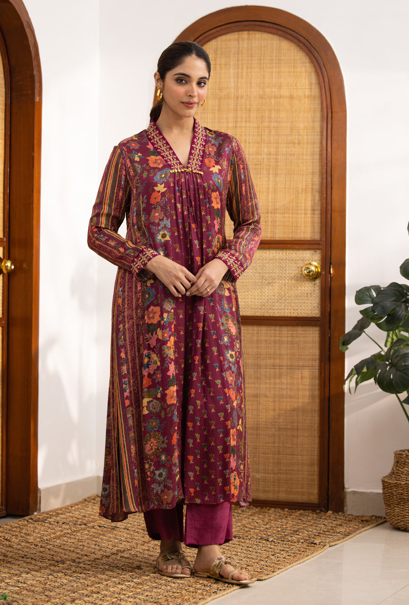 Wine Printed V Neck Naina Kurta Set