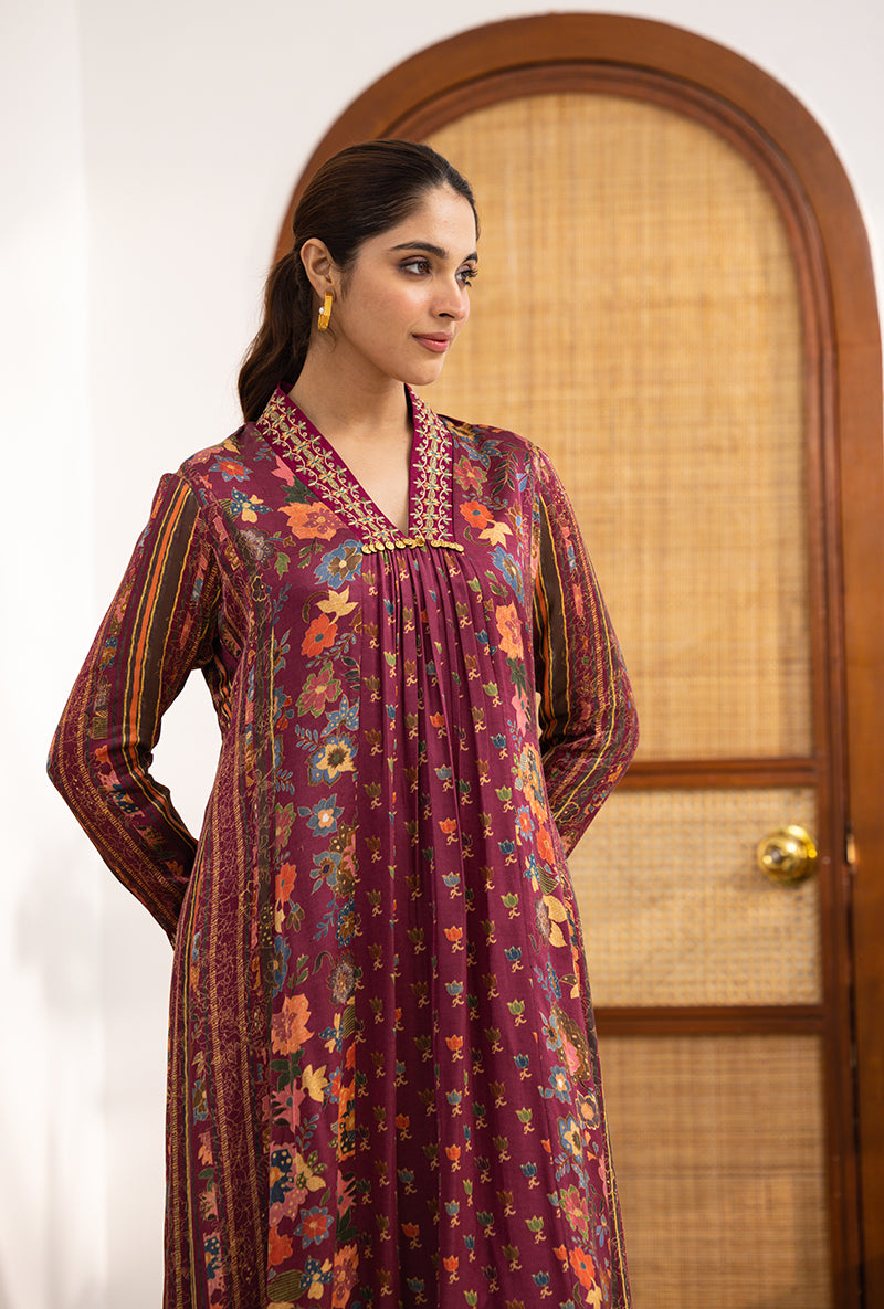 Wine Printed V Neck Naina Kurta Set