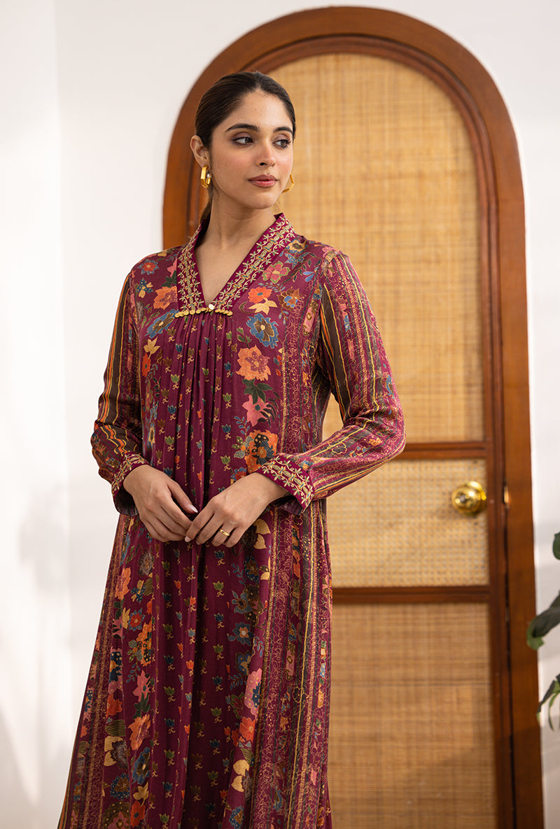 Wine Printed V Neck Naina Kurta Set