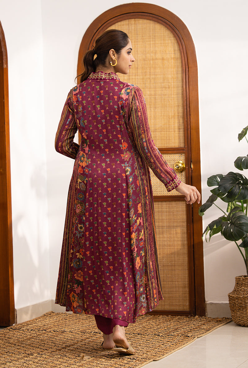 Wine Printed V Neck Naina Kurta Set