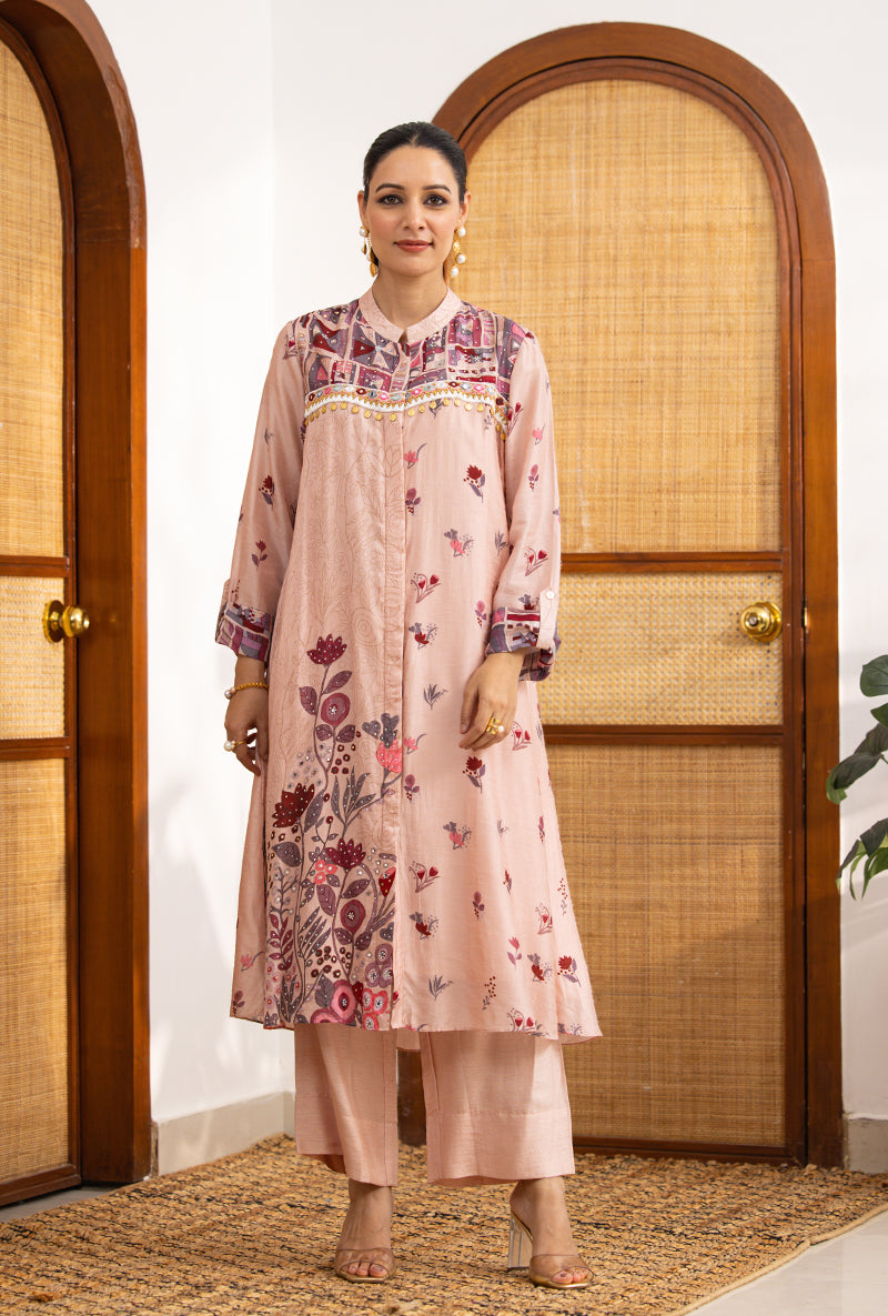 Pink Printed High Collar Naina Co-ord Set