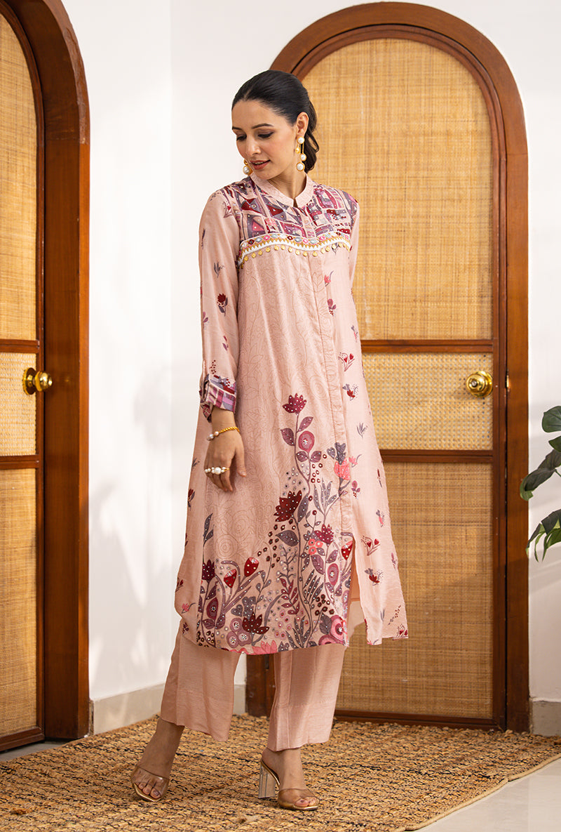 Pink Printed High Collar Naina Co-ord Set