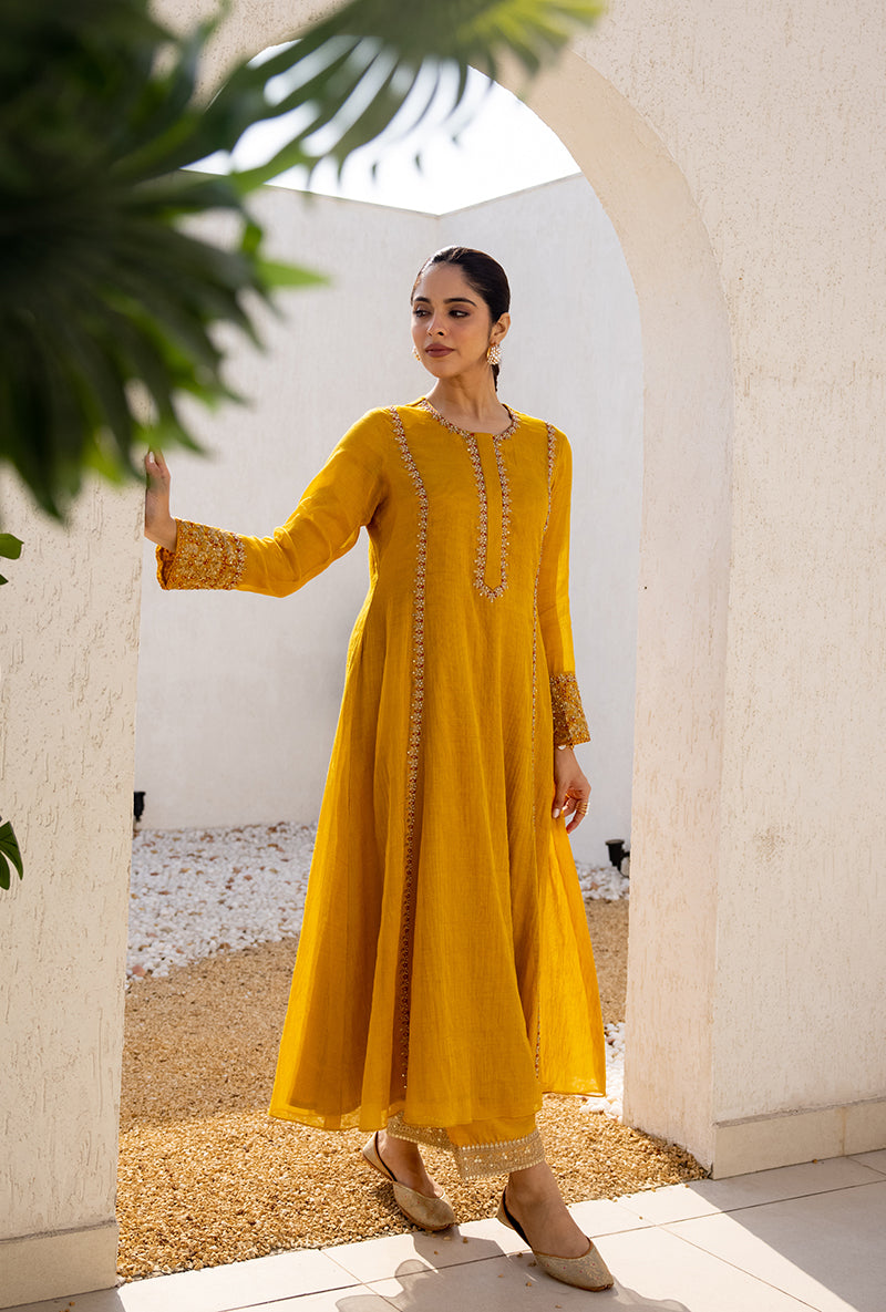 Yellow Zari And Resham Embroidery Dua Anarkali Set