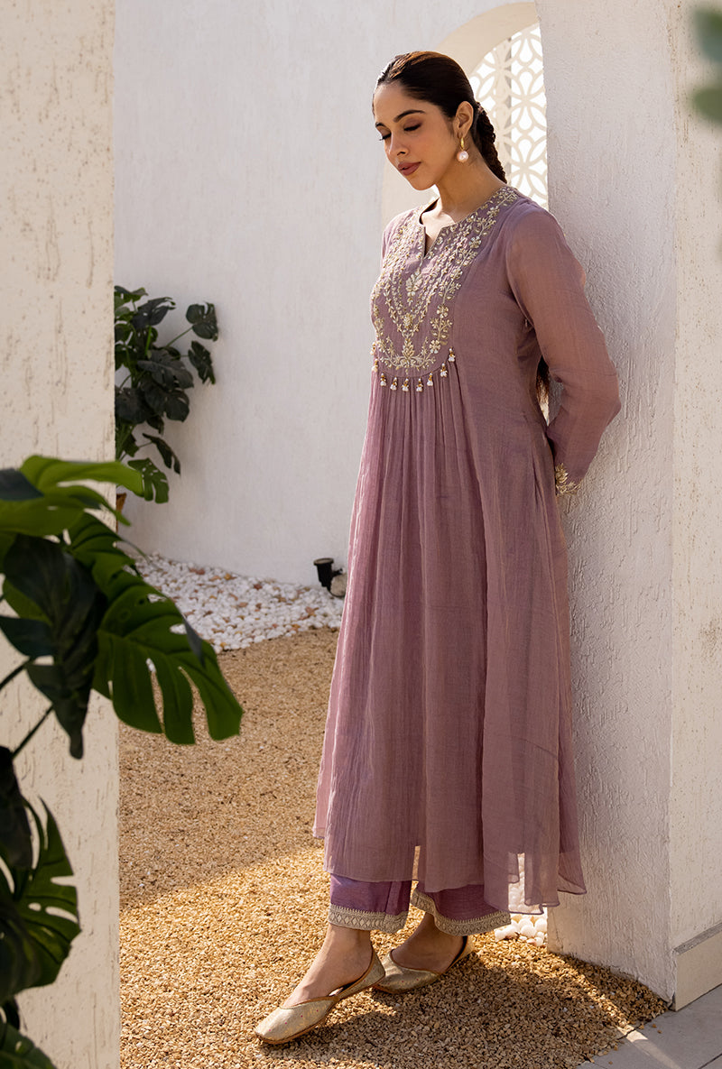 Lavender Sequin And Zardosi Yoke Front Pleat Dua Anarkali Set