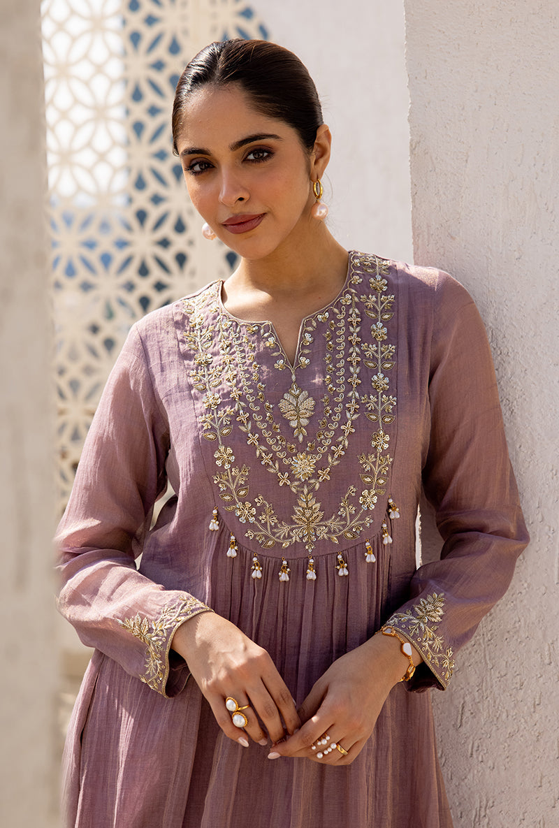 Lavender Sequin And Zardosi Yoke Front Pleat Dua Anarkali Set