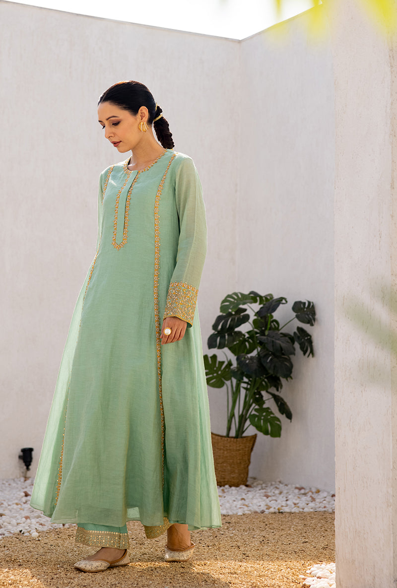 Aqua Zari And Resham Embroidery Dua Anarkali Set