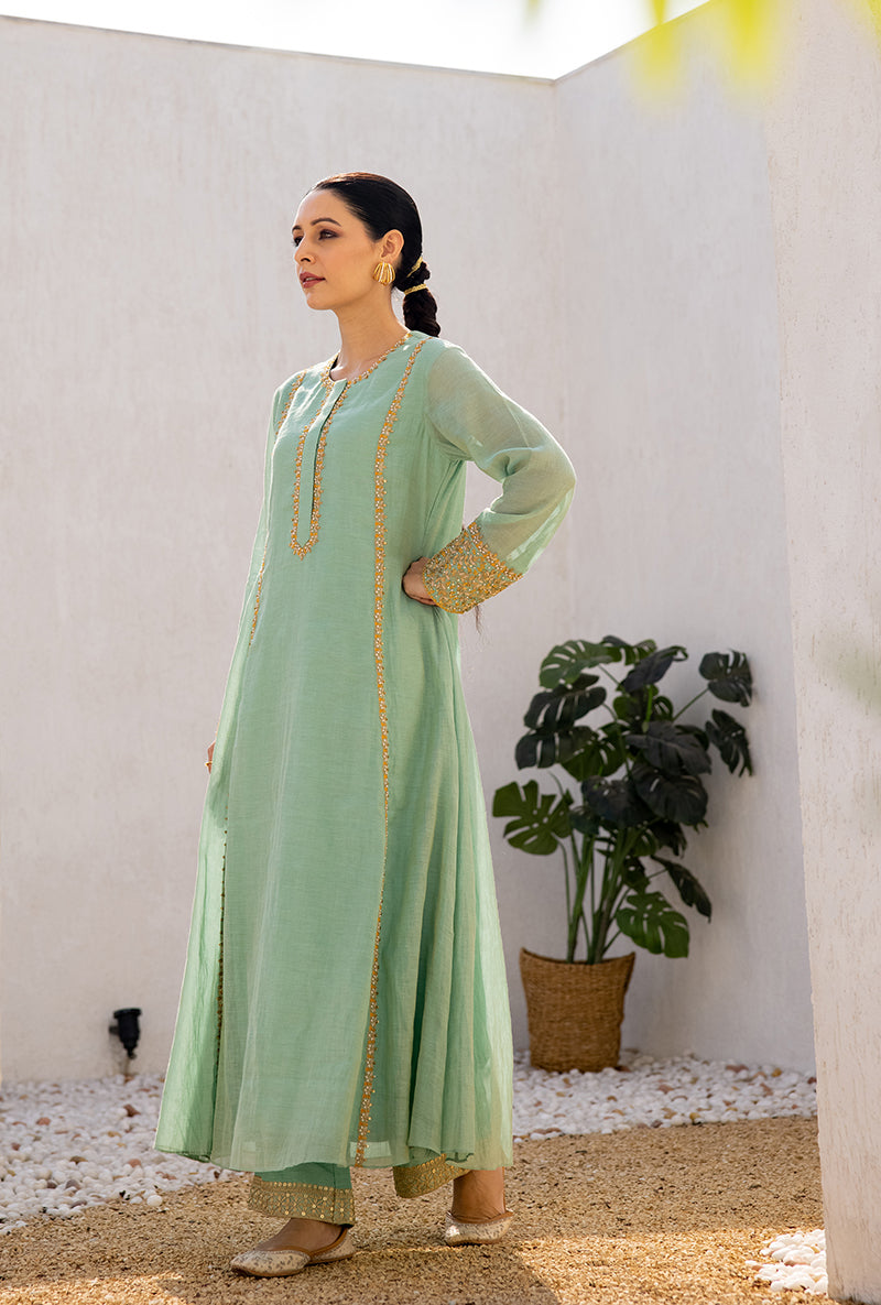 Aqua Zari And Resham Embroidery Dua Anarkali Set