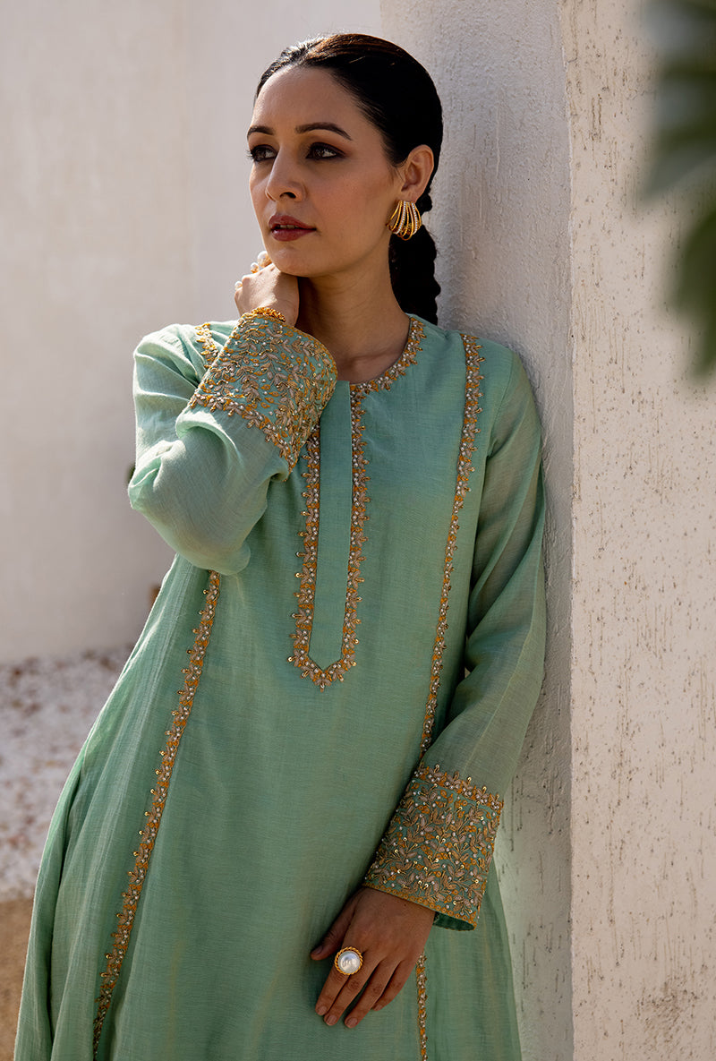 Aqua Zari And Resham Embroidery Dua Anarkali Set