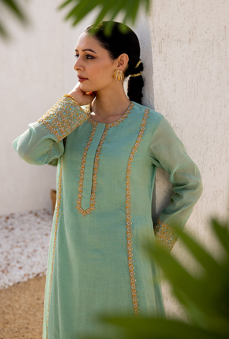 Aqua Zari And Resham Embroidery Dua Anarkali Set