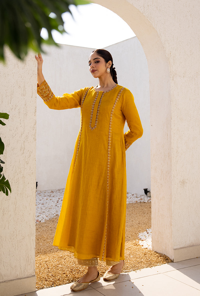 Yellow Zari And Resham Embroidery Dua Anarkali Set