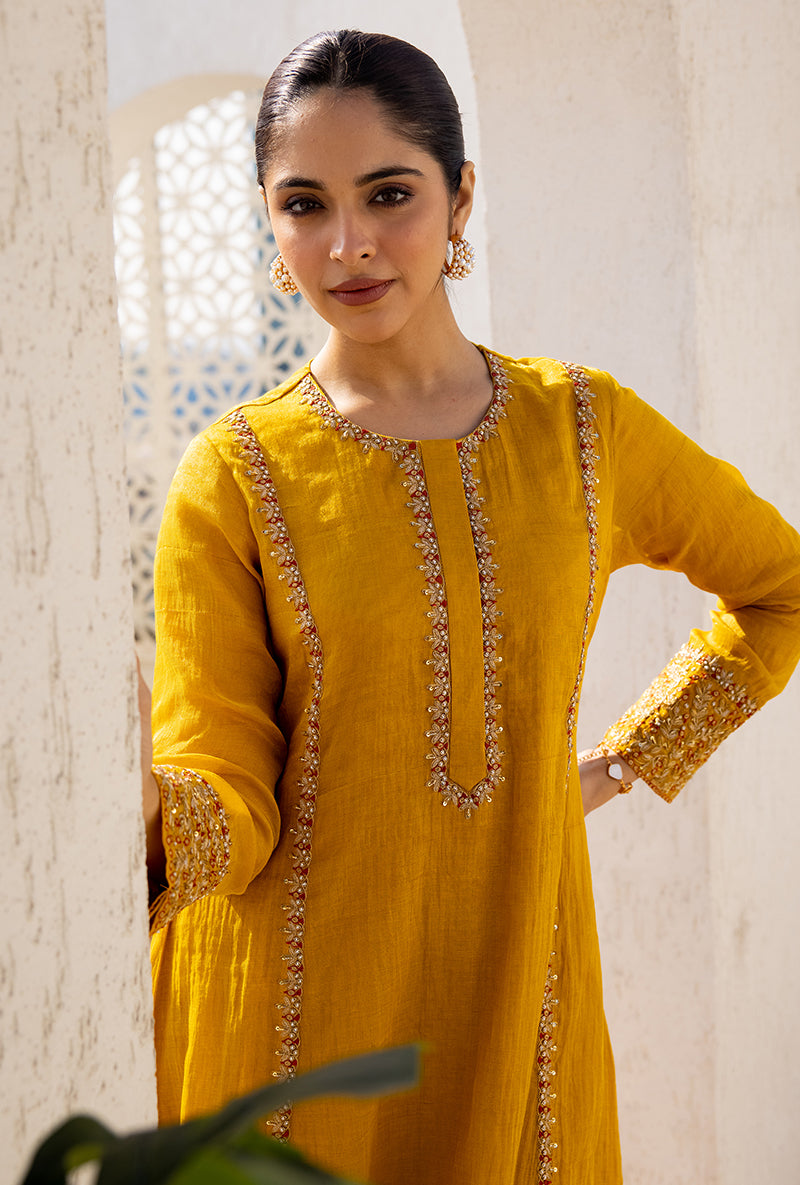 Yellow Zari And Resham Embroidery Dua Anarkali Set