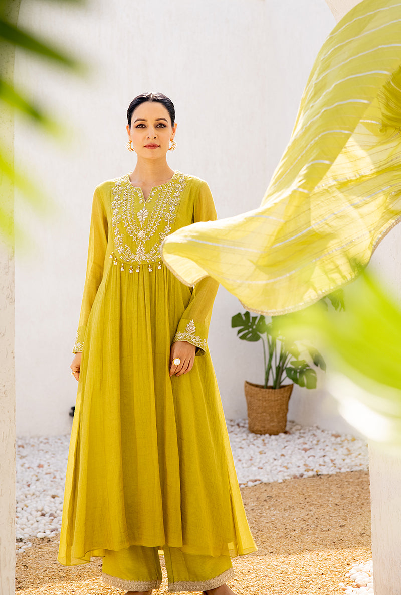 Green Sequin And Zardosi Yoke Front Pleat Dua Anarkali Set