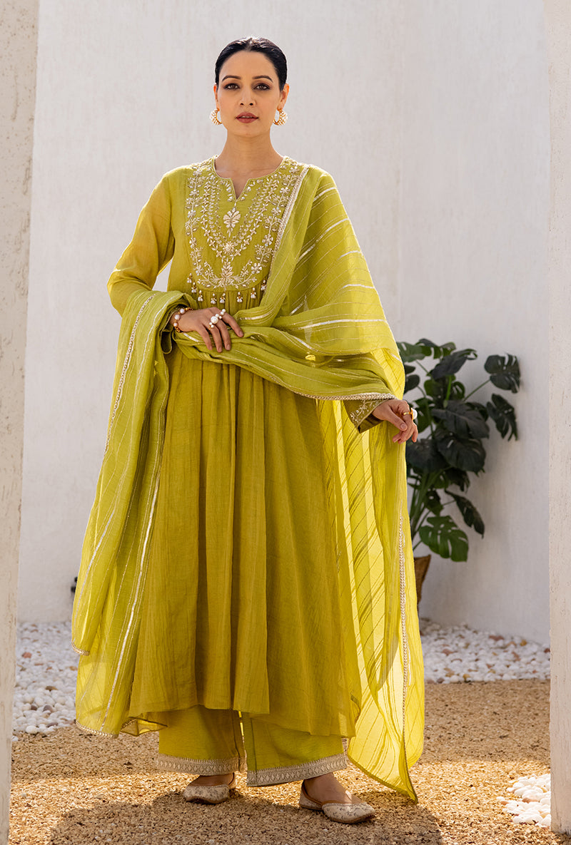 Green Sequin And Zardosi Yoke Front Pleat Dua Anarkali Set