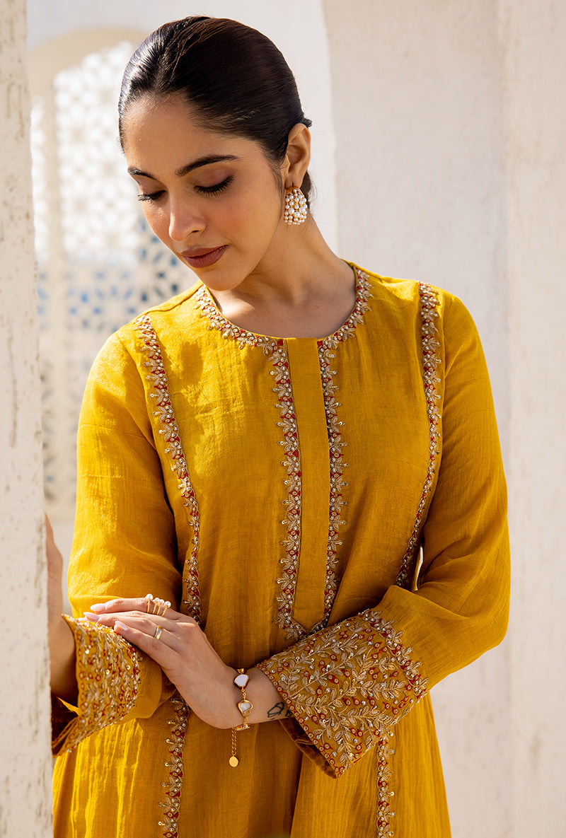 Yellow Zari And Resham Embroidery Dua Anarkali Set