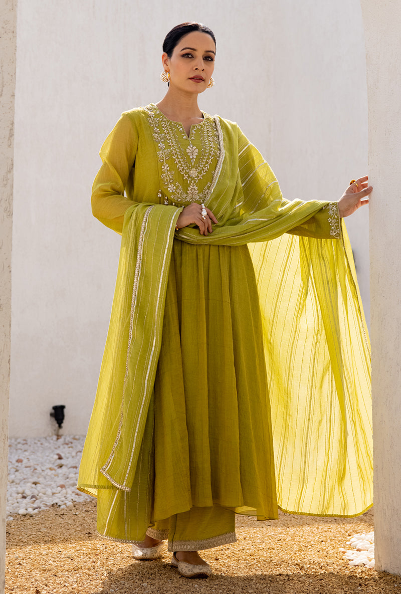 Green Sequin And Zardosi Yoke Front Pleat Dua Anarkali Set