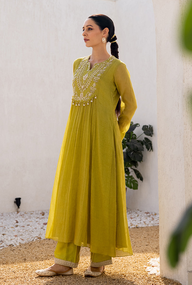 Green Sequin And Zardosi Yoke Front Pleat Dua Anarkali Set