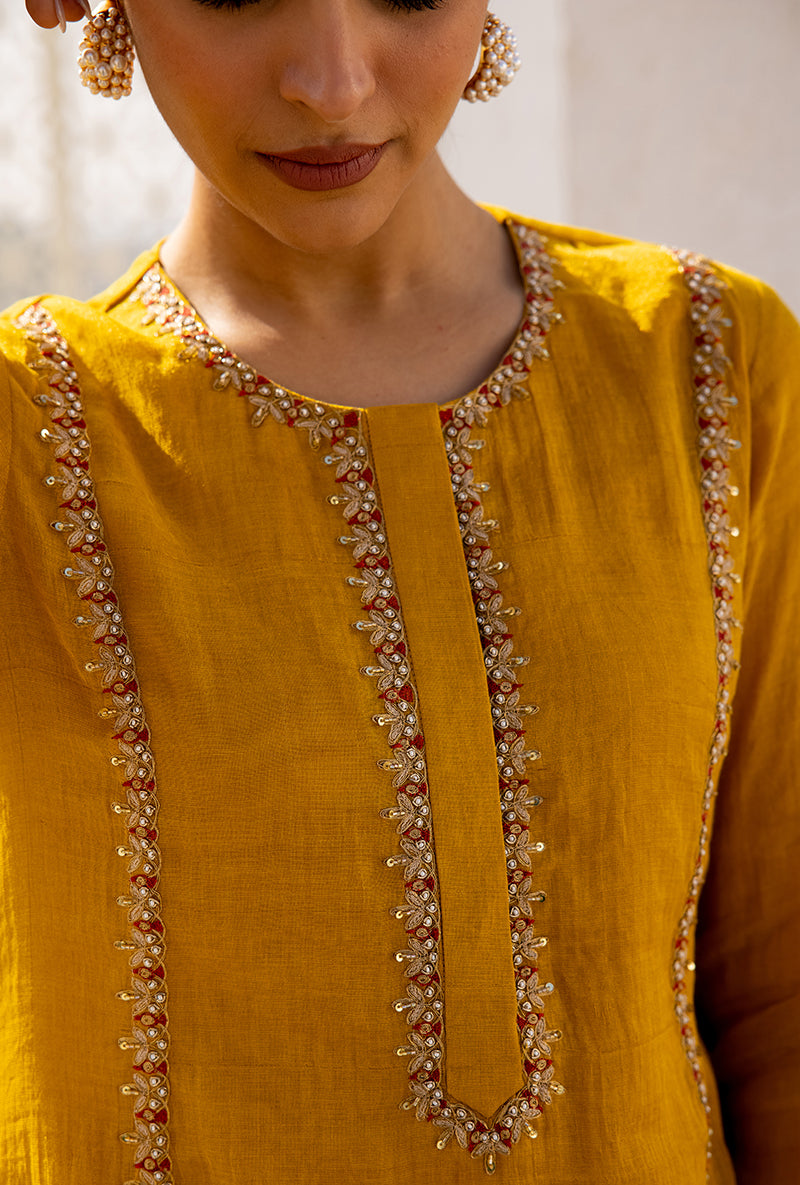 Yellow Zari And Resham Embroidery Dua Anarkali Set