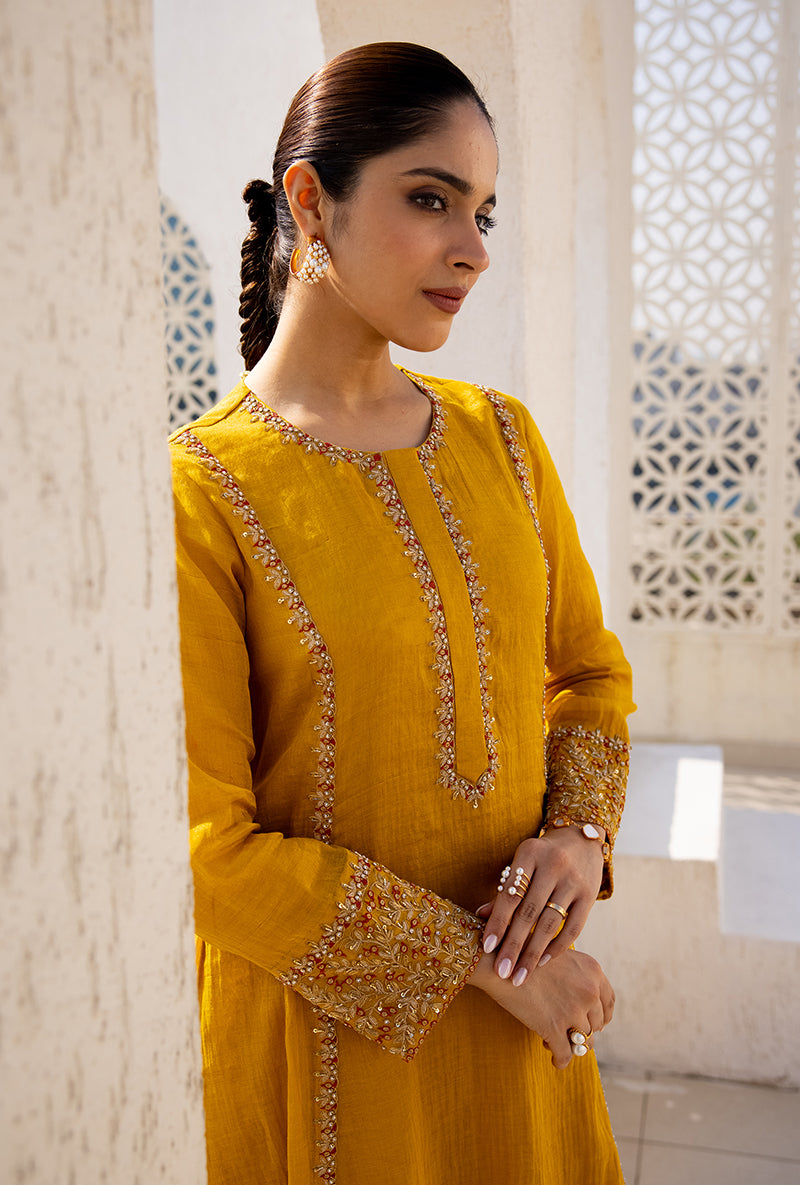 Yellow Zari And Resham Embroidery Dua Anarkali Set