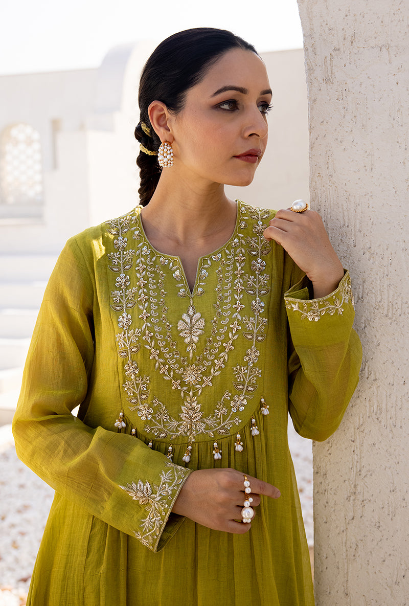 Green Sequin And Zardosi Yoke Front Pleat Dua Anarkali Set