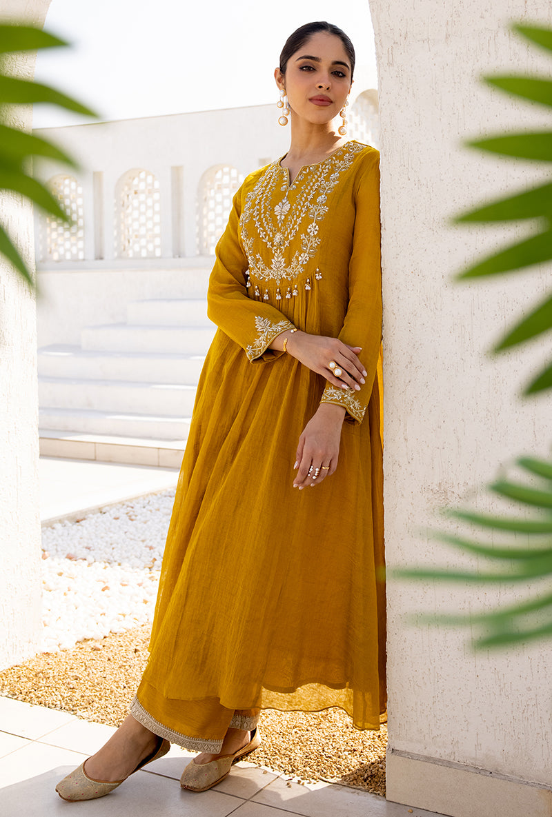 Yellow Sequin And Zardosi Yoke Front Pleat Dua Anarkali Set