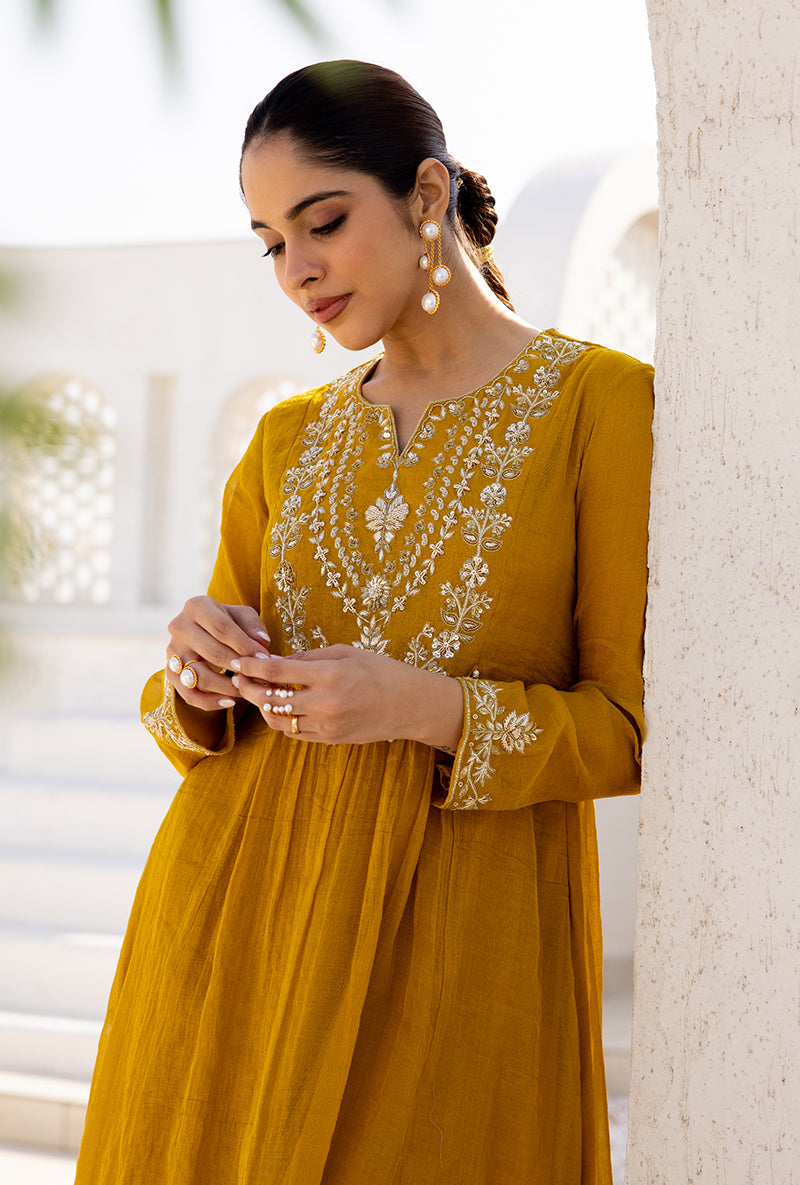 Yellow Sequin And Zardosi Yoke Front Pleat Dua Anarkali Set