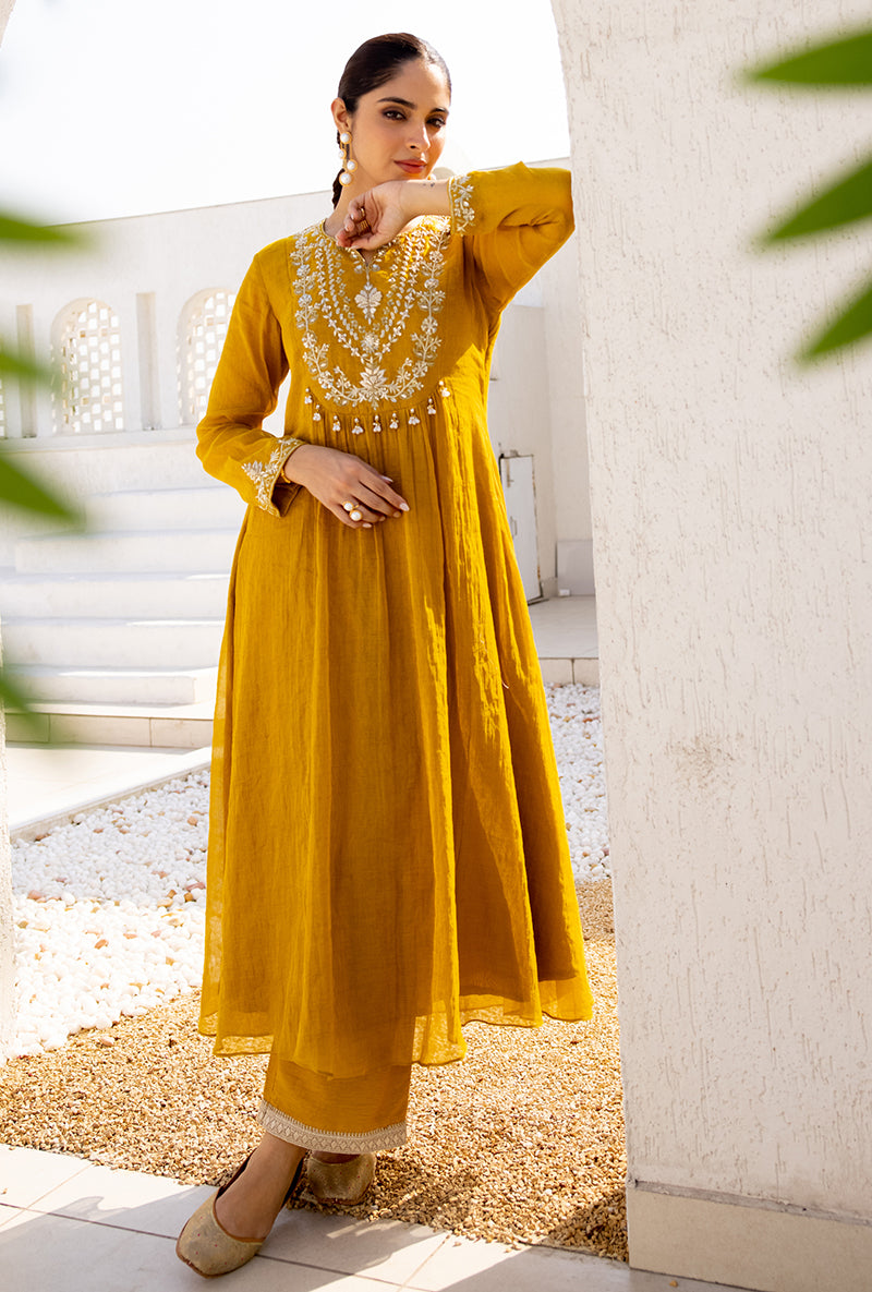 Yellow Sequin And Zardosi Yoke Front Pleat Dua Anarkali Set