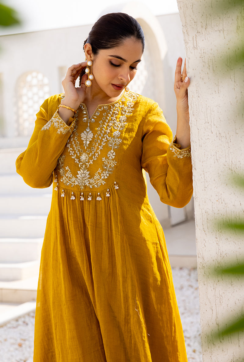 Yellow Sequin And Zardosi Yoke Front Pleat Dua Anarkali Set