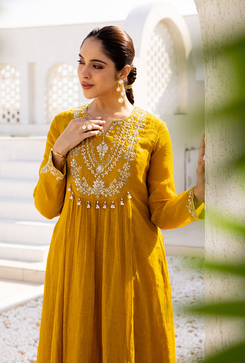 Yellow Sequin And Zardosi Yoke Front Pleat Dua Anarkali Set