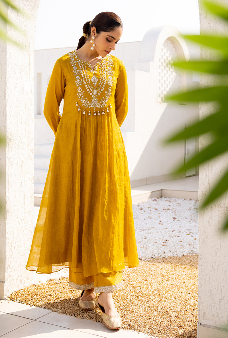 Yellow Sequin And Zardosi Yoke Front Pleat Dua Anarkali Set