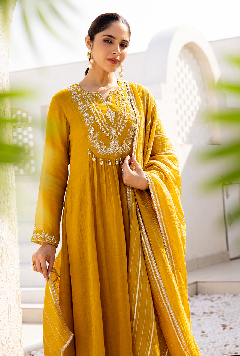 Yellow Sequin And Zardosi Yoke Front Pleat Dua Anarkali Set