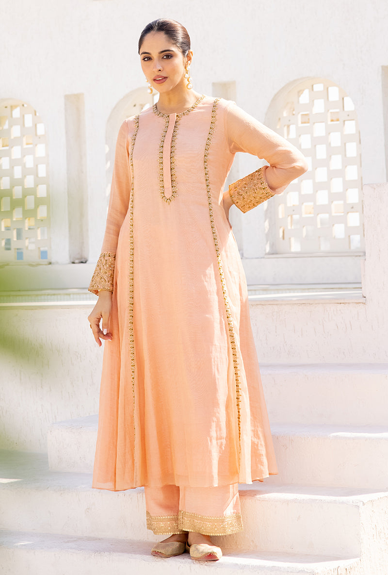 Peach Zari And Resham Embroidery Dua Anarkali Set