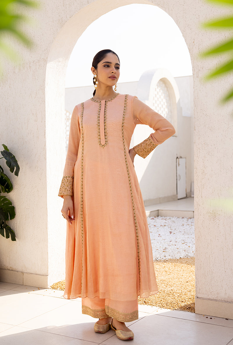 Peach Zari And Resham Embroidery Dua Anarkali Set