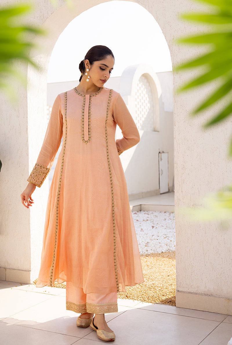 Peach Zari And Resham Embroidery Dua Anarkali Set