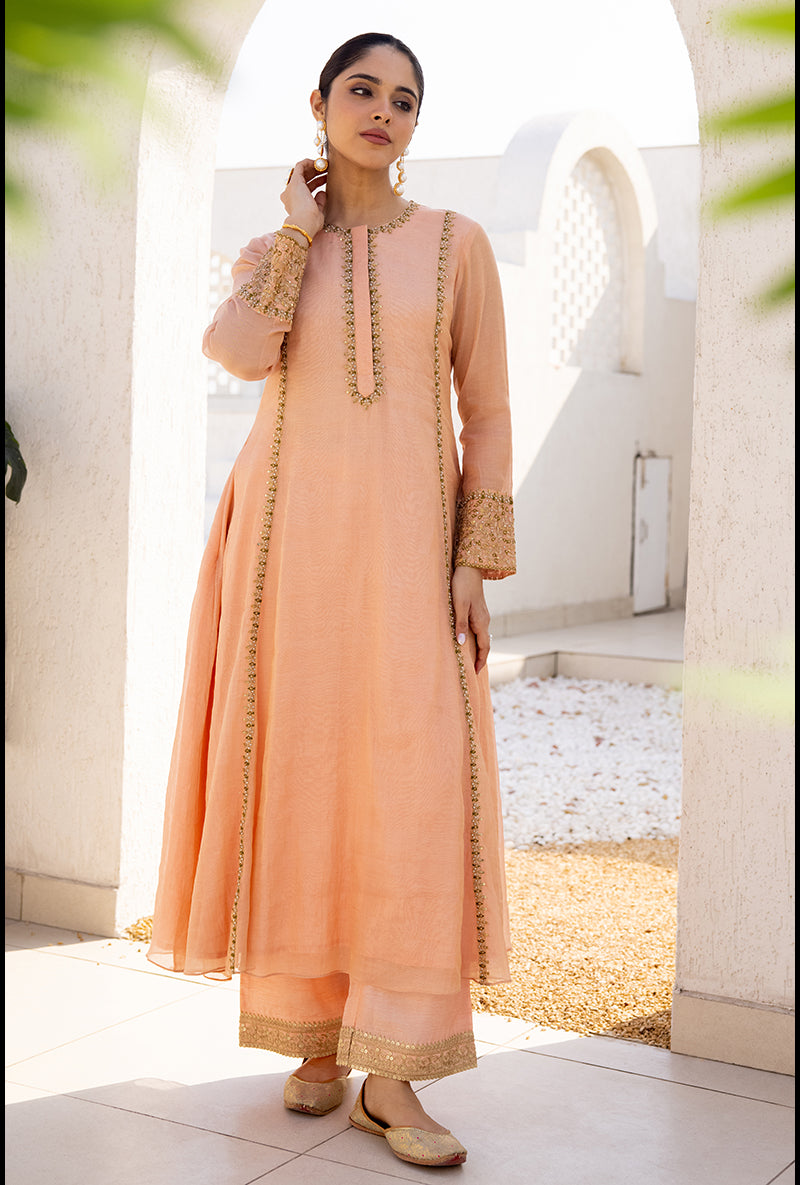 Peach Zari And Resham Embroidery Dua Anarkali Set