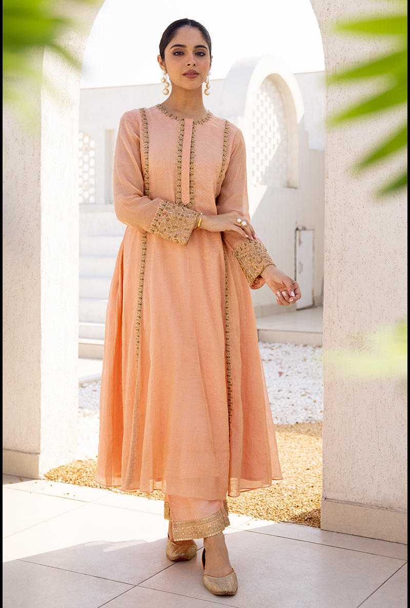 Peach Zari And Resham Embroidery Dua Anarkali Set