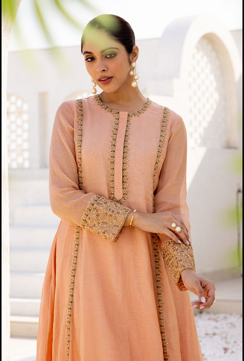 Peach Zari And Resham Embroidery Dua Anarkali Set