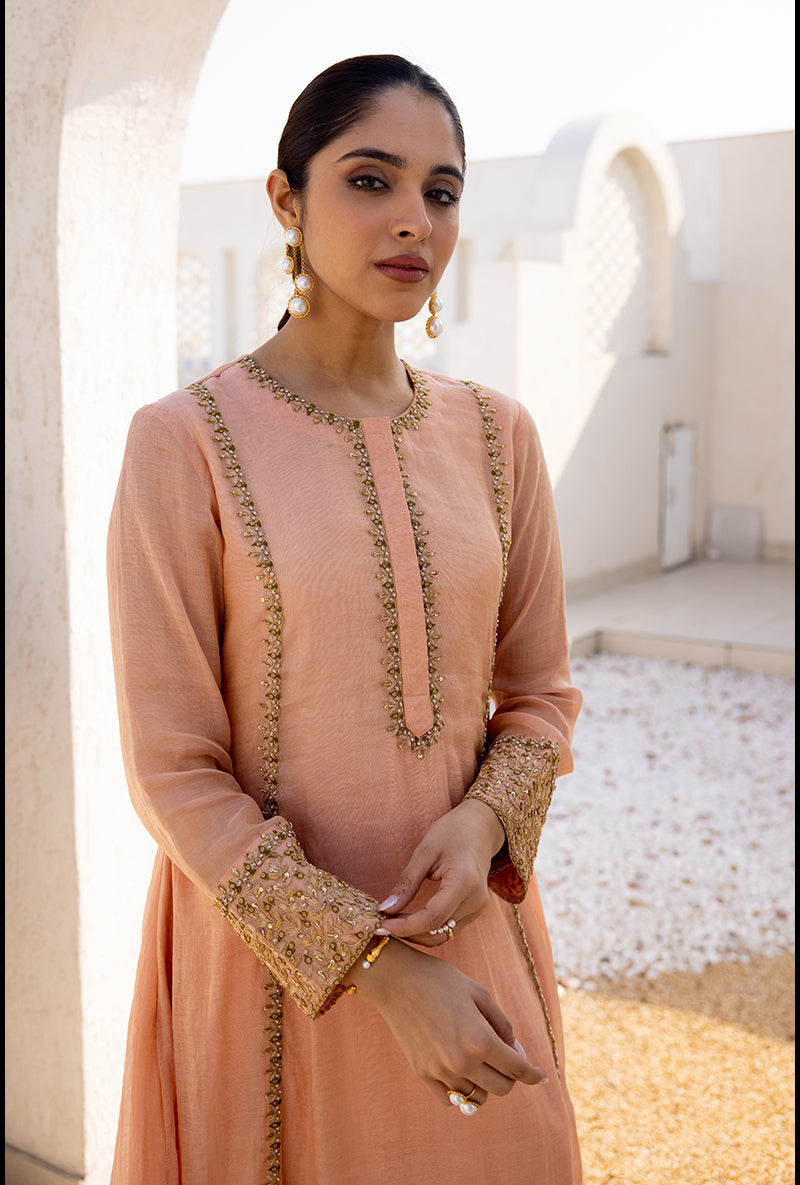 Peach Zari And Resham Embroidery Dua Anarkali Set