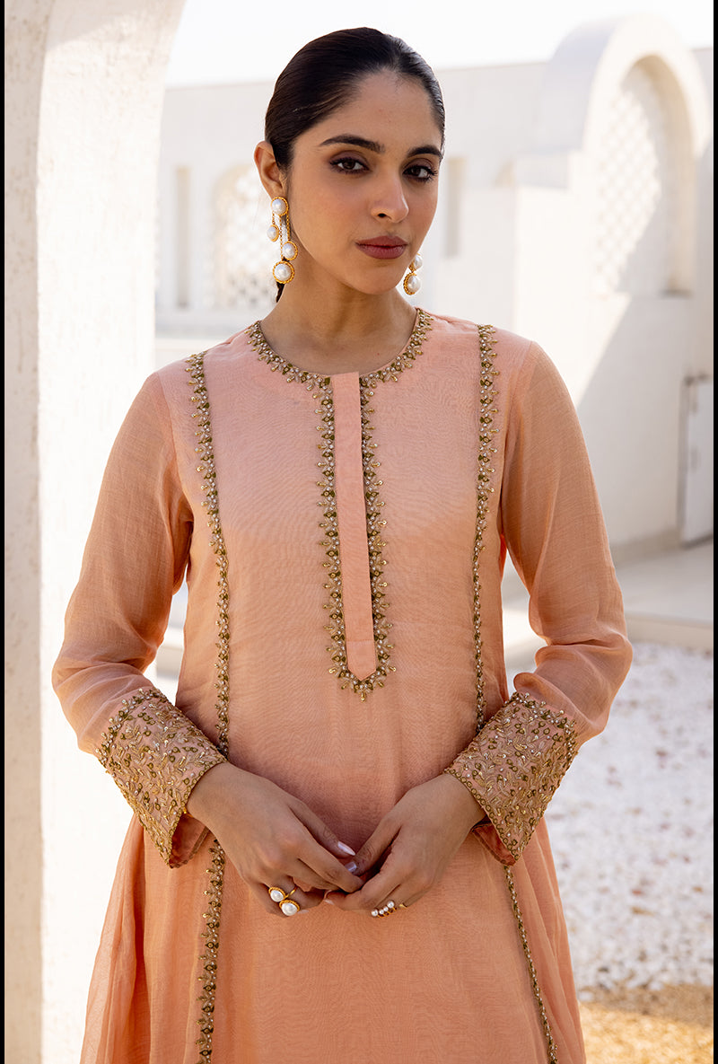 Peach Zari And Resham Embroidery Dua Anarkali Set