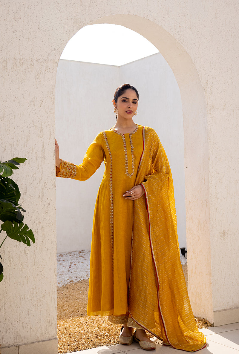 Yellow Zari And Resham Embroidery Dua Anarkali Set