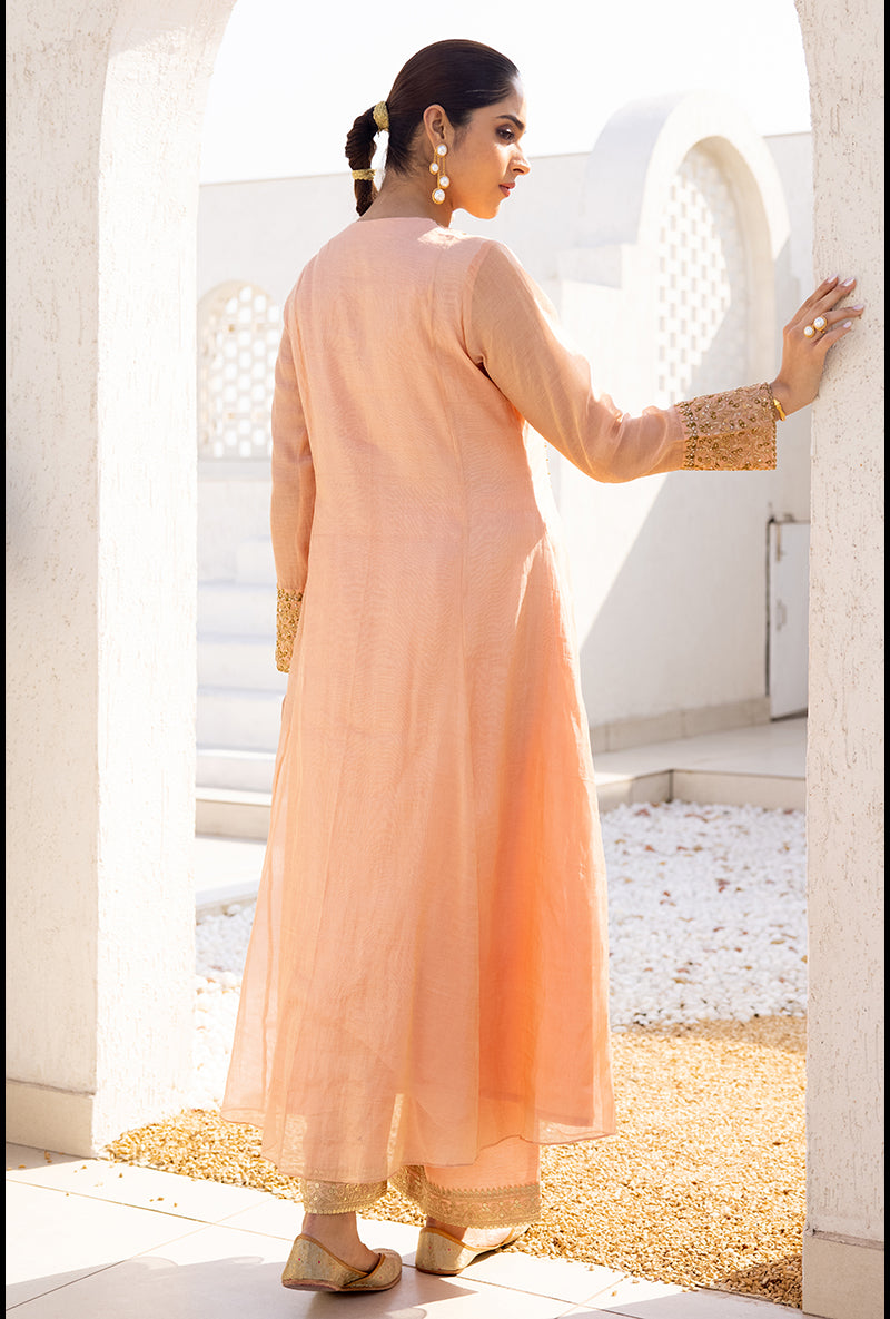 Peach Zari And Resham Embroidery Dua Anarkali Set