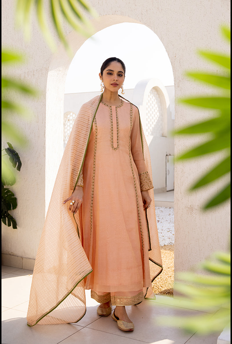 Peach Zari And Resham Embroidery Dua Anarkali Set