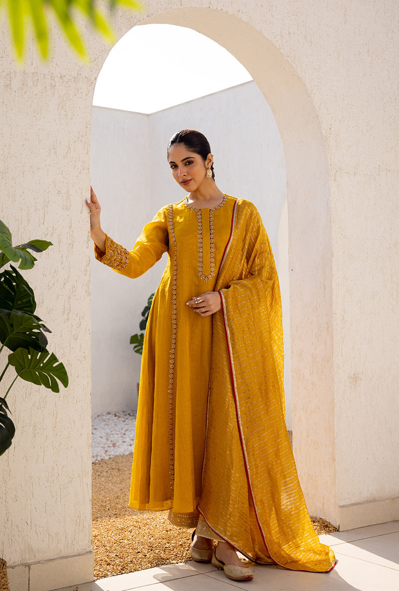 Yellow Zari And Resham Embroidery Dua Anarkali Set