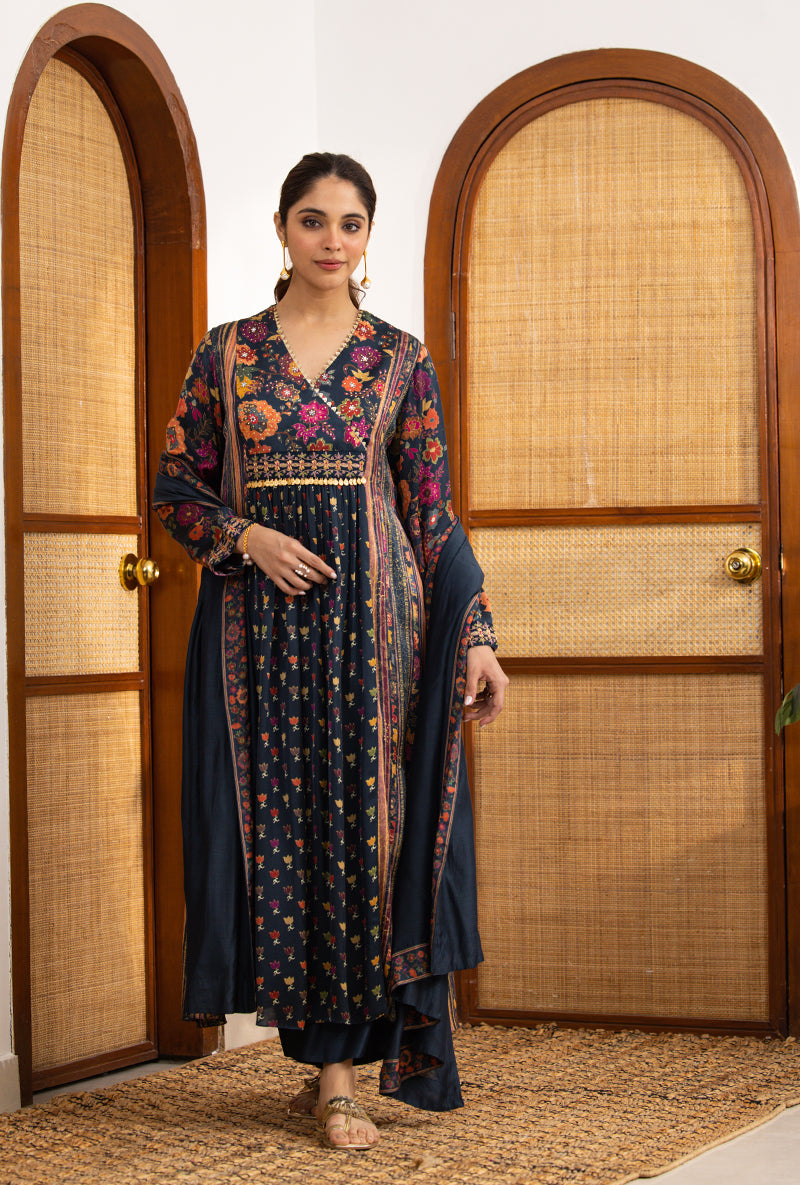 Blue Printed Overlap Yoke Naina Kurta Set