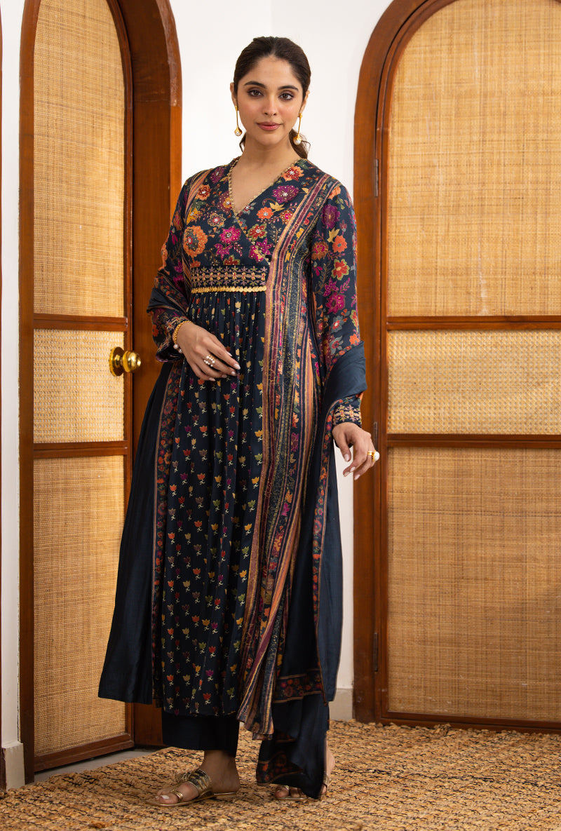 Blue Printed Overlap Yoke Naina Kurta Set