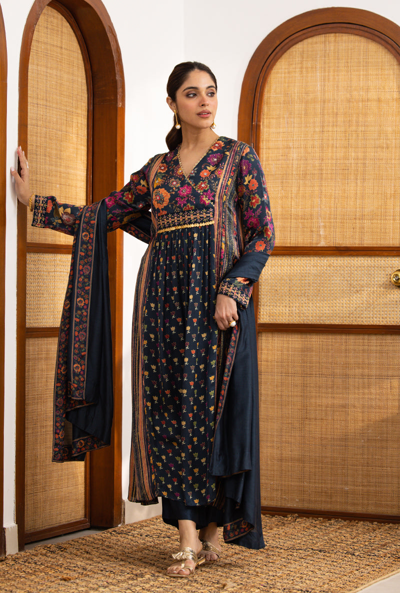 Blue Printed Overlap Yoke Naina Kurta Set