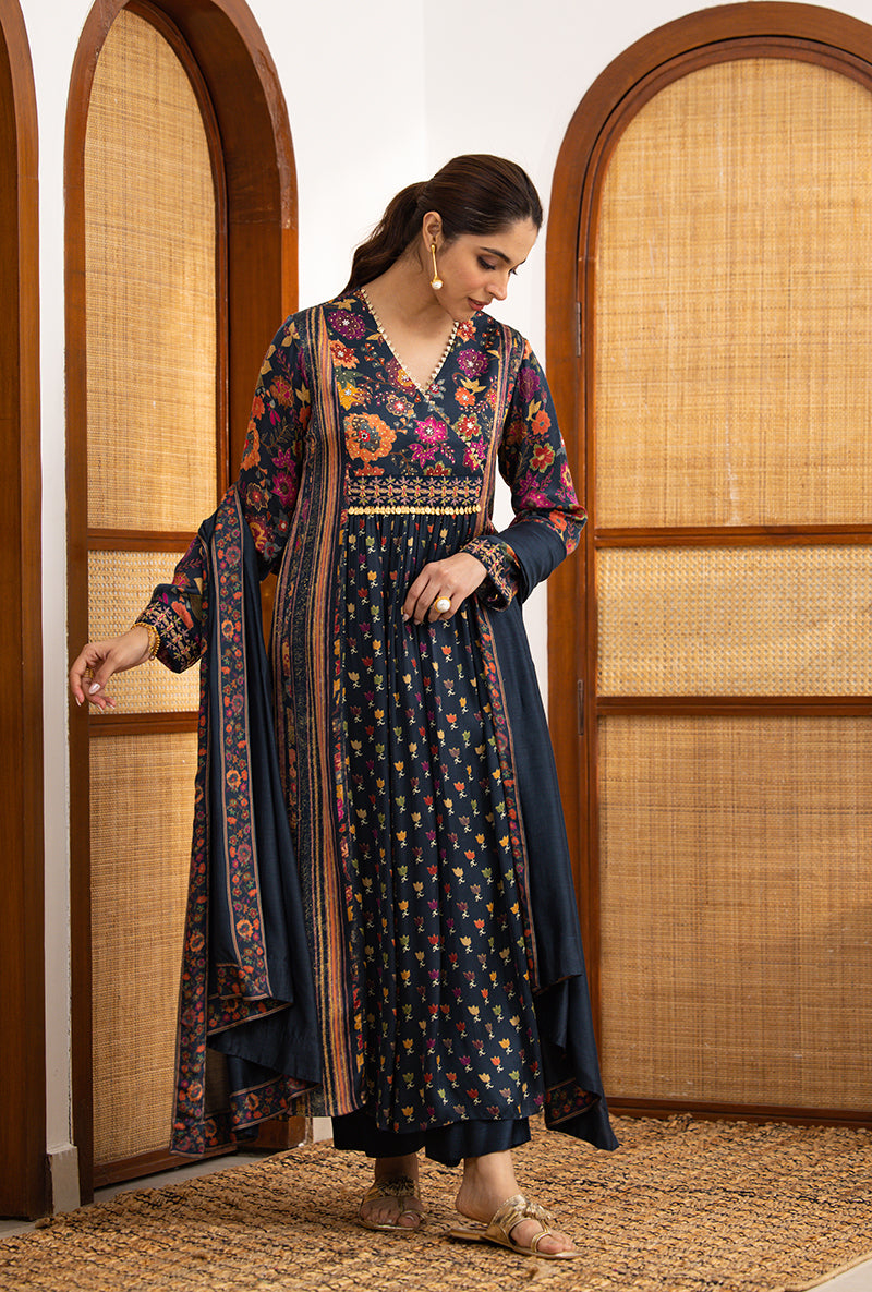 Blue Printed Overlap Yoke Naina Kurta Set